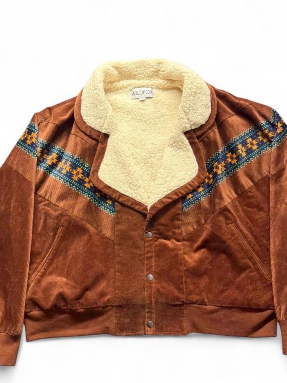 Wildfox Brown Corduroy Sherpa-Lined Bomber Jacket with Patterned Yoke